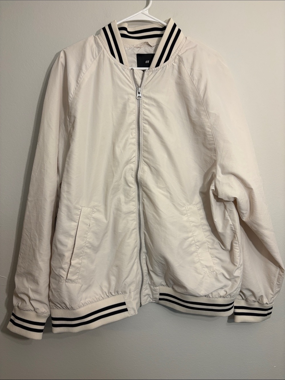 H&M Men’s Off-White Bomber Jacket with Black Striped Trim